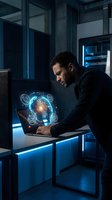 Mixed race businessman working on laptop with holographic AI brain interface in futuristic blue lit office environment for technology presentations.