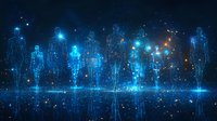 Glowing blue holographic figures standing in line on reflective surface with particles and light effects creating futuristic digital transformation concept.