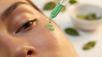 Young woman applying green herbal serum with dropper for natural skincare routine. Organic beauty treatment with botanical extracts for healthy glowing skin.