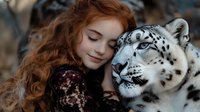 Young redhead woman with curly hair in black lace dress embracing snow leopard in mystical forest setting, fantasy portrait with wild animal and magical atmosphere.