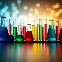 Colorful laboratory glassware with vibrant chemical solutions arranged on reflective surface with bokeh lights background for science education and research.