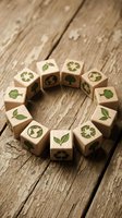 Wooden blocks with eco symbols arranged in circle on rustic wood surface representing environmental awareness and sustainable business practices.