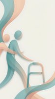 Abstract elderly person with walker in soft teal and peach tones representing mobility assistance and senior healthcare support.