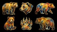 Watercolor brown bear clipart set with six elements including cubs, paw print, and portraits, isolated on transparent background, ready for stickers, t-shirt design, and print on demand.