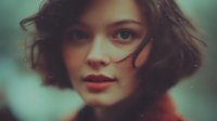 Young woman with short dark hair and red lipstick in soft focus portrait. Dreamy atmospheric photography with vintage color grading.