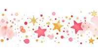 Pink and gold stars with dots scattered on white background, festive horizontal border pattern for party decorations, greeting cards and celebrations.
