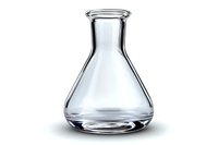 Empty transparent glass laboratory flask with wide bottom and narrow neck on white background, isolated scientific glassware for chemical experiments.