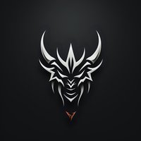 Stylized metallic demon face logo with sharp angular features and horns on dark background, minimalist design in silver and orange tones. Ready for gaming or esports.