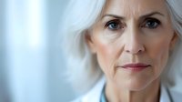 Confident mature woman with silver hair and professional appearance looking directly at camera against soft blue background. For business and healthcare concepts.