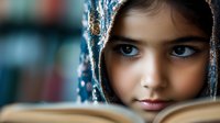 Young girl with bright blue eyes wearing traditional headscarf reads book in soft natural lighting, creating atmospheric educational scene with shallow depth of field.