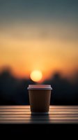 Disposable coffee cup on wooden surface against dramatic sunset sky with glowing sun. Atmospheric morning or evening mood for cafe and lifestyle designs.