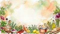 Watercolor cooking frame with fresh vegetables, herbs, and kitchenware arranged around central white space. Ideal for recipe cards, food blogs, culinary designs, and restaurant menus.