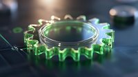 Glowing green mechanical gear on dark background with dramatic lighting and shallow depth of field creates futuristic industrial atmosphere.