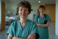 Confident mature female medical professional in turquoise scrubs standing with arms crossed in hospital corridor, younger colleague in background. Healthcare setting.