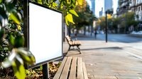 Blank white billboard mockup on urban street with wooden bench and green leaves, defocused city background with buildings and pedestrians walking. Suitable for advertising.