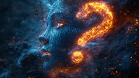 Digital art showing luminous blue face profile with glowing orange question mark, particles and smoke effects against dark background creating mysterious atmosphere.