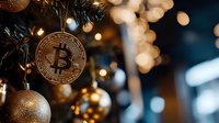 Golden bitcoin cryptocurrency coin hanging as Christmas tree ornament with glittering baubles and bokeh lights on dark background for festive crypto theme.