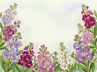 Watercolor floral border with purple, pink, and white blooms on soft green background, copy space for greeting cards and invitations.