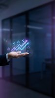 Businessman holding glowing digital growth chart with upward arrow and social media icons, representing business analytics, financial success, and digital marketing strategy.