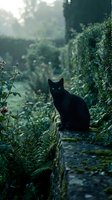 Black cat with striking blue eyes sitting on moss-covered stone wall in lush garden surrounded by green foliage and ivy. Moody atmospheric scene.