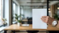 Caucasian male professional holding blank white card in modern office workspace with wooden desk, potted plants, and blurred background, suitable for business marketing and corporate communications.