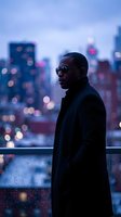 African American male professional wearing sunglasses and dark coat standing on urban rooftop at dusk, overlooking illuminated city skyline with bokeh lights for corporate and lifestyle concepts.