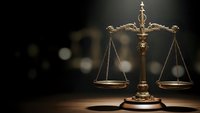 Golden scales of justice on wooden desk with dark blurred background symbolizing law, legal system, court proceedings and attorney services.