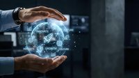 Businessman hands protecting digital globe with business growth icons and innovation keywords in holographic display for corporate strategy and development.