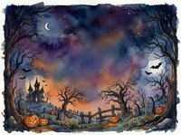 Spooky Halloween night scene with haunted castle, jack-o-lanterns, bare trees, bats flying under crescent moon and starry sky for seasonal decorations.