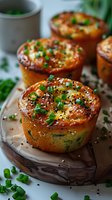 Freshly baked savory muffins topped with green onions, sesame seeds, and poppy seeds on wooden serving board, perfect for breakfast or brunch.