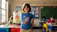 Young Hispanic boy proudly displaying colorful house drawing in elementary classroom with rocket shirt, educational posters and students working at desks in background.