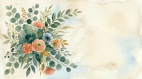 Vintage floral arrangement with peachy roses, eucalyptus, and mixed greenery on aged cream background. Botanical illustration for wedding invitations, greeting cards, and decorative designs.