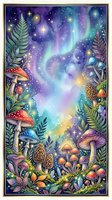 Enchanted forest scene with whimsical mushrooms, ferns, and glowing aurora borealis sky filled with stars and magical light effects, isolated on white background for design use.