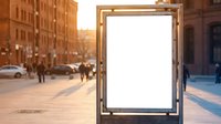 Blank white billboard mockup on city street during golden hour sunset with urban architecture and pedestrians in background for advertising display.