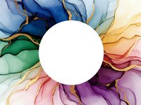 Abstract watercolor waves in rainbow colors with gold lines flowing around white circle for modern design and branding projects.