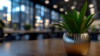 Small decorative succulent plant in metallic gold ribbed pot on wooden table surface with blurred bokeh restaurant or cafe interior background.