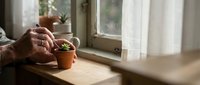 Elderly hands gently caring for small potted succulent plants on sunny windowsill in cozy home interior with natural lighting and peaceful atmosphere.