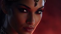 Dramatic portrait of South Asian woman wearing traditional jewelry and bindi in mystical dark red atmosphere with soft lighting highlighting facial features and ornate details.
