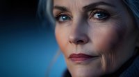 Elegant mature Caucasian woman with silver hair and striking blue eyes in dramatic lighting for beauty and aging gracefully concepts.