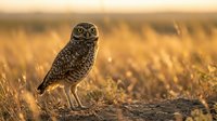 Burrowing owl standing in golden grassland during sunset with warm light illuminating feathers and natural prairie habitat background.