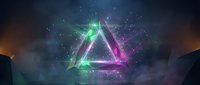 Glowing neon triangle portal with colorful energy beams and particles in cosmic space environment for futuristic digital art and sci-fi designs.