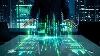 Businessman in dark suit analyzing glowing green financial charts and digital data visualization on holographic display with illuminated cityscape background at night for business analytics.