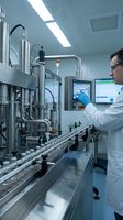 Male scientist operating automated pharmaceutical manufacturing equipment in sterile laboratory environment for drug production and quality control.