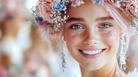 Young Caucasian woman with pink hair and flower crown smiling radiantly, face adorned with glitter freckles and delicate baby's breath flowers, ethereal spring portrait.