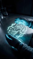 Scientist in blue latex gloves holding glowing neon brain hologram with DNA helix structure in dark laboratory setting for biotechnology and medical research concepts.