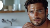 Confident male model with blue eyes and stubble beard looking at camera in natural light setting, displaying masculine features and contemplative expression.