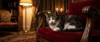 Adorable tabby cat with white markings relaxing on elegant burgundy velvet armchair in luxurious living room with warm ambient lighting and classic decor.