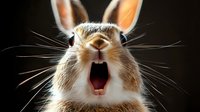 Surprised rabbit with open mouth and wide eyes against dark background, expressing shock or amazement for wildlife and animal content.