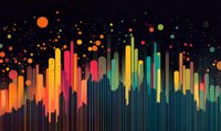 Vibrant audio equalizer bars in rainbow colors against dark background with floating particles create dynamic music visualization pattern for entertainment design.