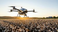 Agricultural drone hovering over mature cotton field at harvest time, equipped for crop monitoring, pesticide spraying, and yield assessment in farming operations.